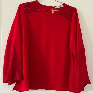 Jones Studio Top Blouse Women's 1X Red Lace Inserts Kimono Sleeve Popover
